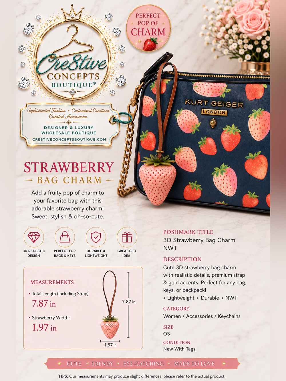 3D Strawberry Bag Charm Set of 2 Luxury Purse Charm Keychain Accessories NWT - Picture 2 of 3